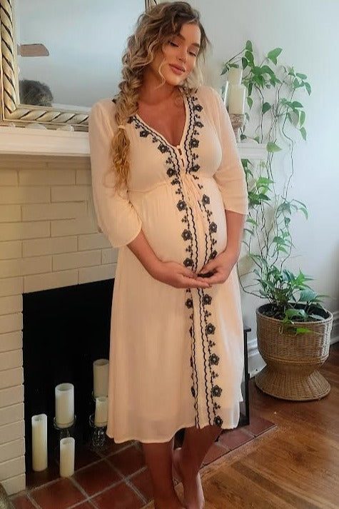 Beige Floral Embroidered 3/4 Sleeve Maternity Midi Dress PinkBlush Beige Floral Embroidered 3/4 Sleeve Maternity Midi Dress PinkBlush