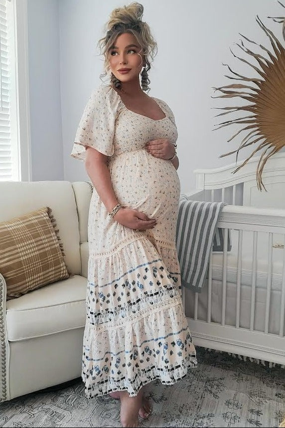 Beige Floral Embroidered 3/4 Sleeve Maternity Midi Dress Beige Floral Embroidered 3/4 Sleeve Maternity Midi Dress