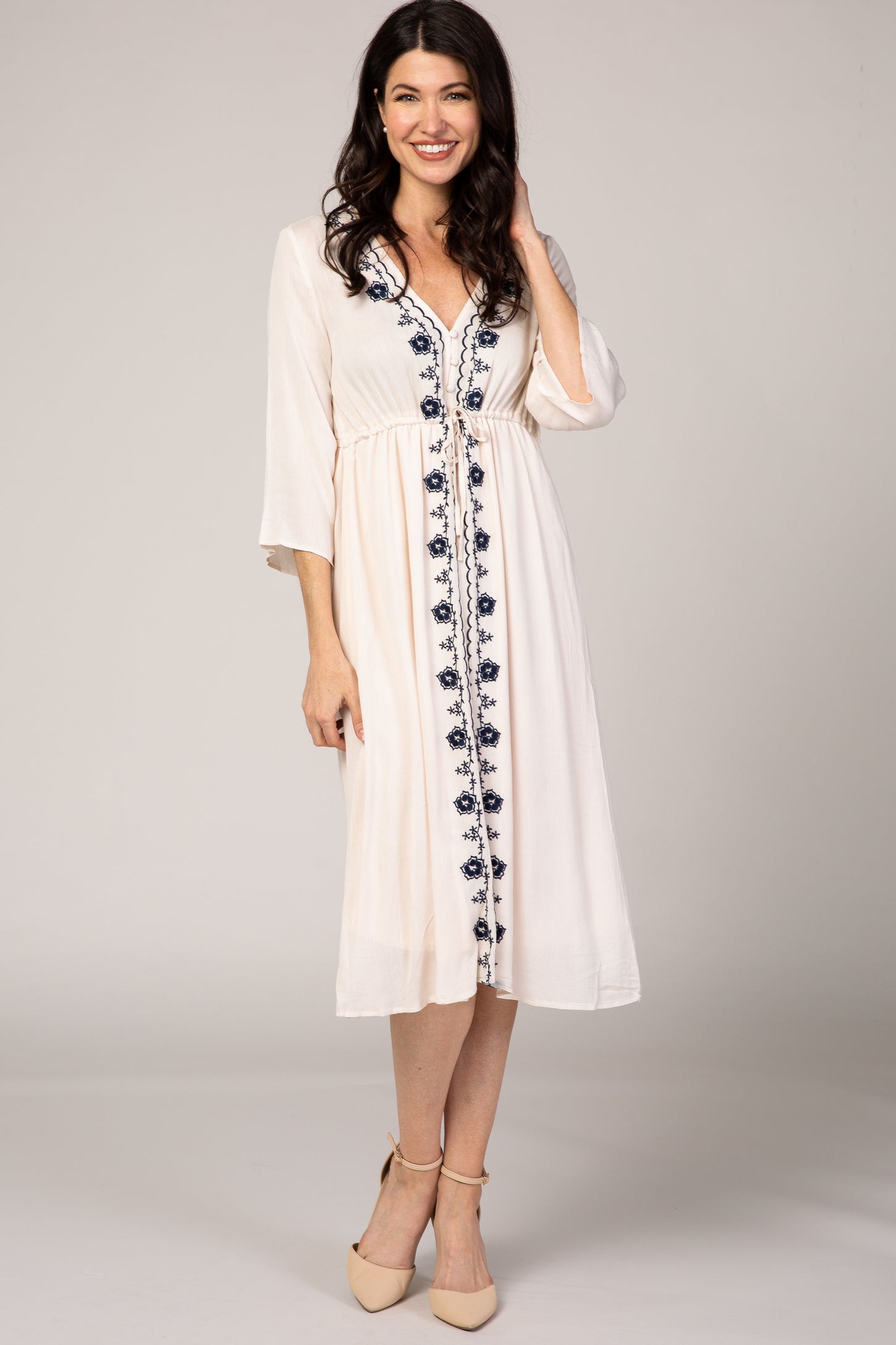 Beige Floral Embroidered 3/4 Sleeve Maternity Midi Dress Beige Floral Embroidered 3/4 Sleeve Maternity Midi Dress