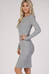Heather Grey Ribbed Knit Long Sleeve Dress