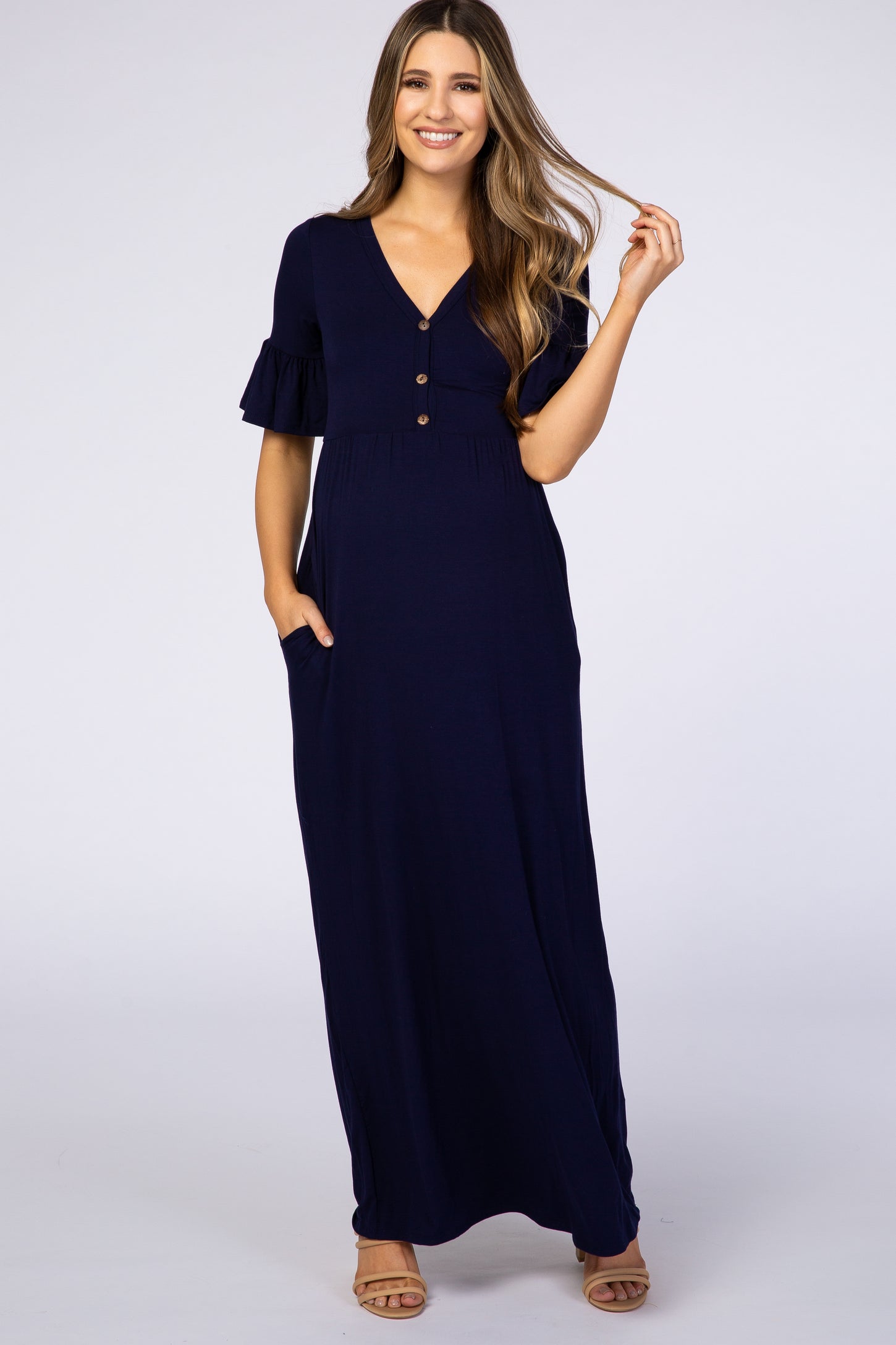 Navy Blue Button Ruffle Sleeve Maternity Maxi Dress