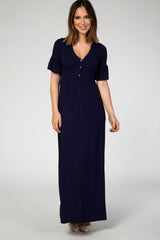 Navy Blue Button Ruffle Sleeve Maternity Maxi Dress