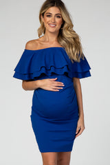 Royal Blue Off Shoulder Ruched Maternity Dress