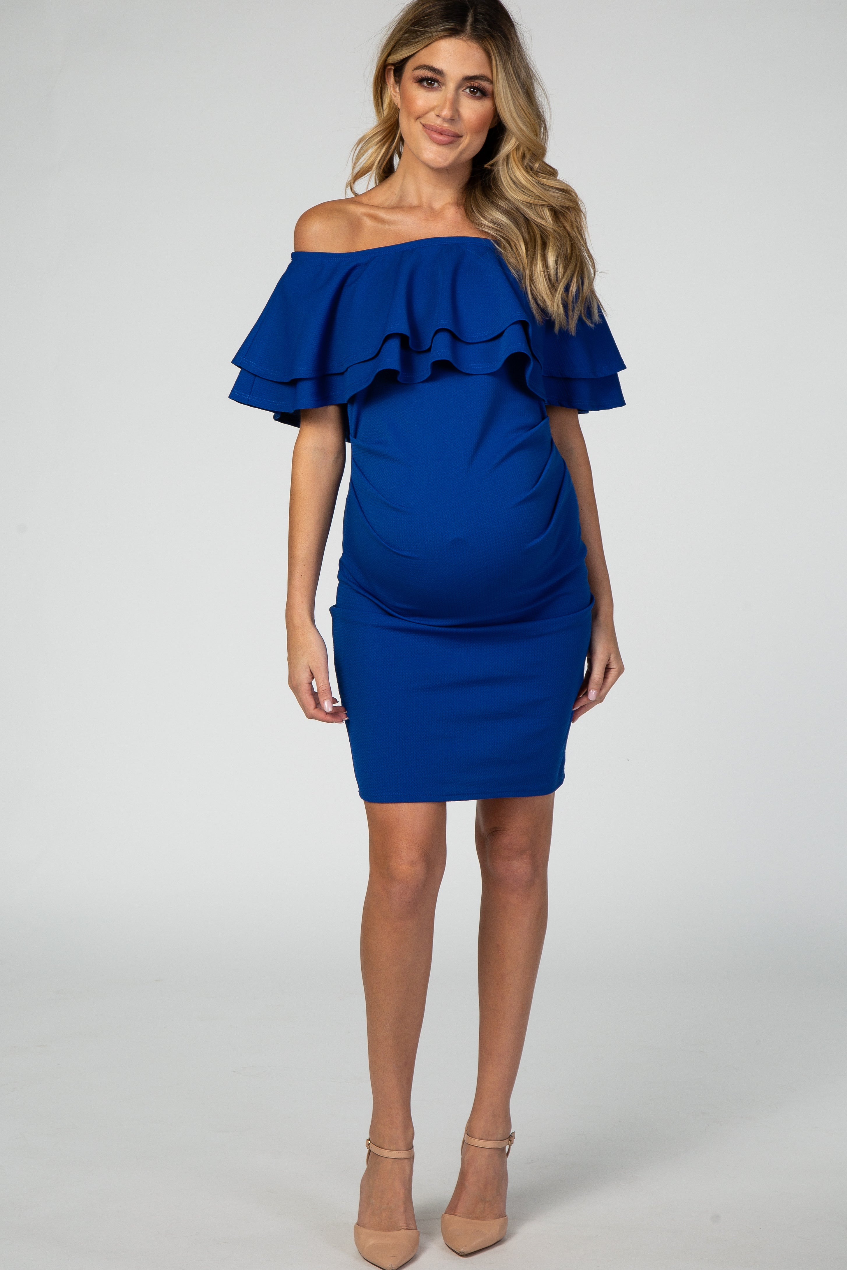 PinkBlush Royal Blue Off Shoulder Ruched Maternity Dress Medium