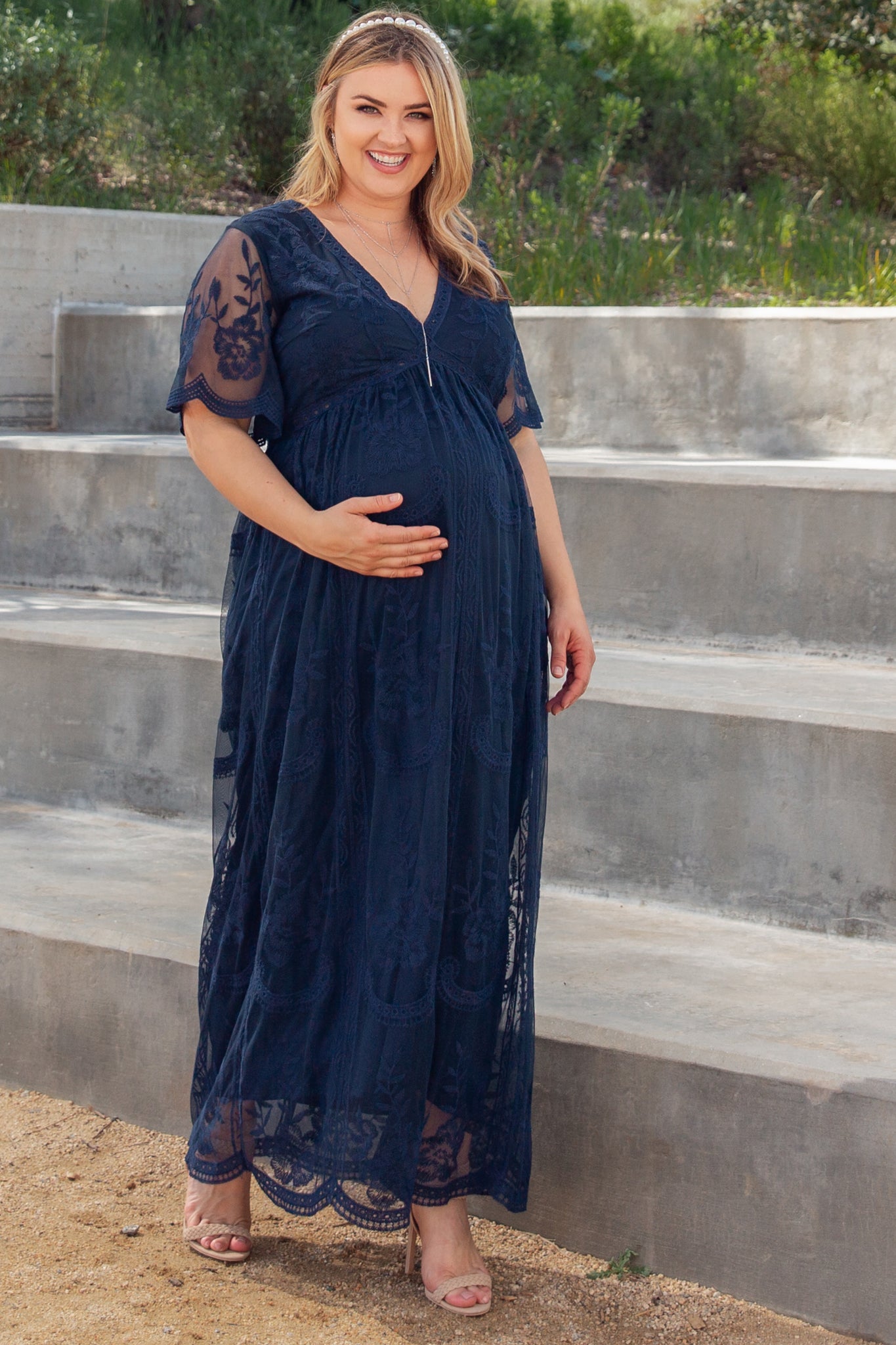 PinkBlush Navy Lace Mesh Overlay Plus Maternity Maxi Dress PinkBlush Navy Lace Mesh Overlay Plus Maternity Maxi Dress