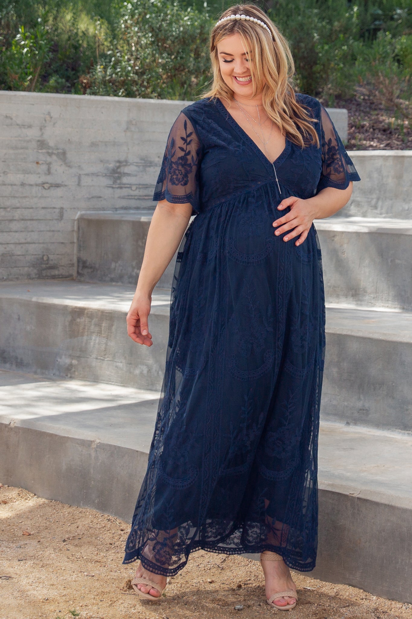 PinkBlush Navy Lace Mesh Overlay Plus Maternity Maxi Dress PinkBlush Navy Lace Mesh Overlay Plus Maternity Maxi Dress