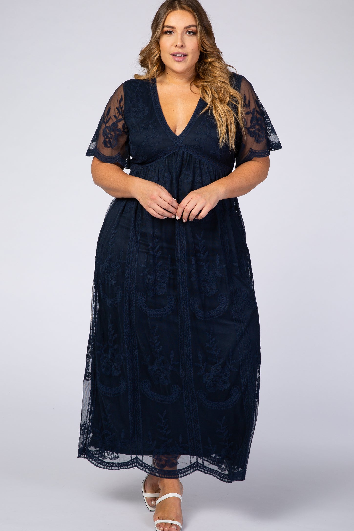 PinkBlush Navy Lace Mesh Overlay Plus Maternity Maxi Dress PinkBlush Navy Lace Mesh Overlay Plus Maternity Maxi Dress