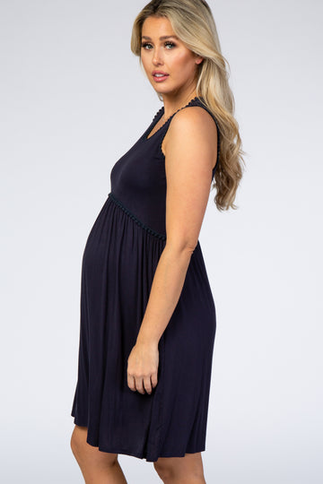PinkBlush Navy Blue Sleeveless Round Neck Pom Pom Detail Maternity Dress