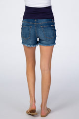 PinkBlush Blue Distressed Crochet Trim Maternity Denim Shorts
