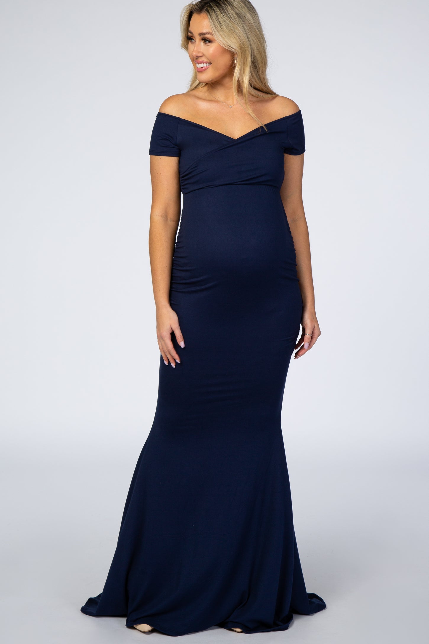 off the shoulder wrap dress PinkBlush Navy Off Shoulder Wrap Maternity Photoshoot Gown/Dress Large