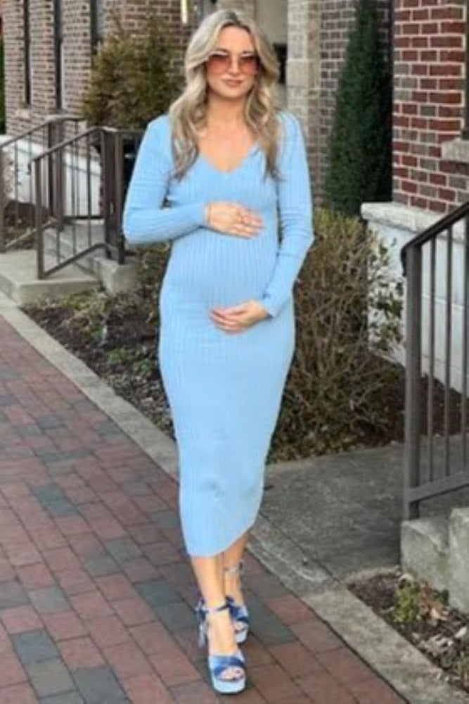 Light Blue V-Neck Long Sleeve Fitted Maternity Maxi Dress PinkBlush Light Blue V-Neck Long Sleeve Fitted Maternity Maxi Dress PinkBlush