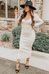 Taupe V-Neck Long Sleeve Fitted Maxi Dress