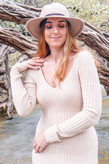 Taupe V-Neck Long Sleeve Fitted Maxi Dress