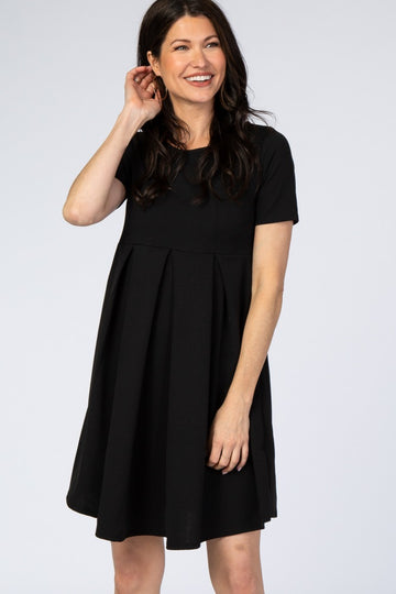 Black Short Sleeve Front Pleat Dress