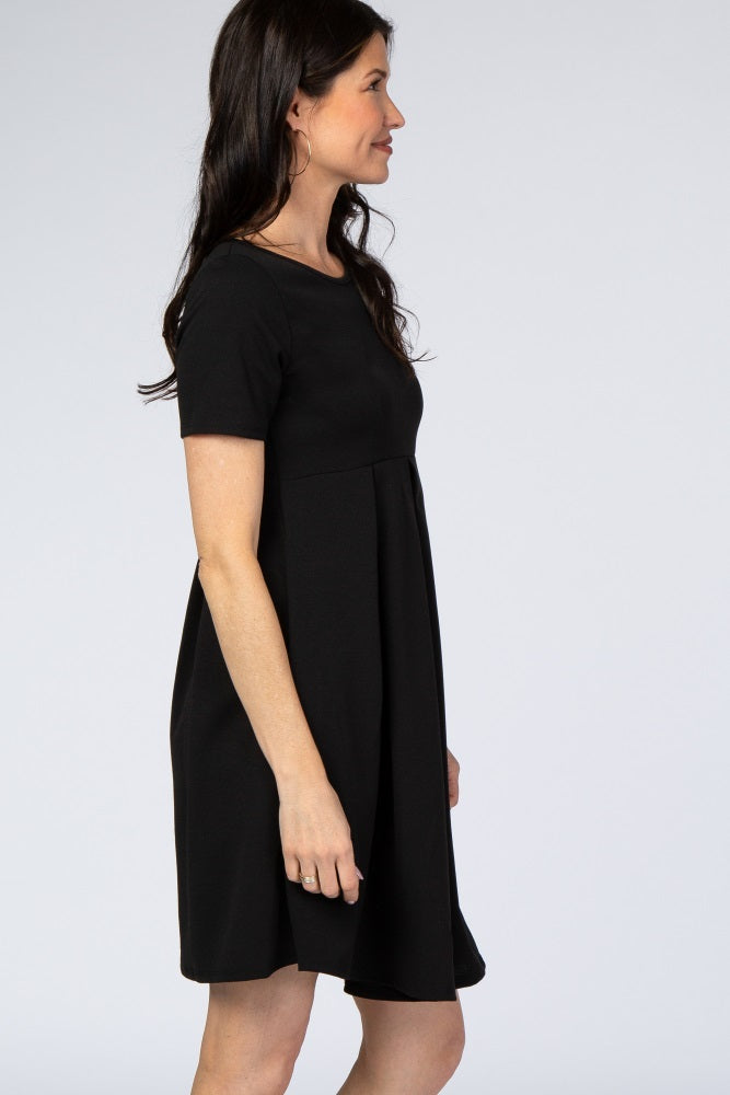 Black Short Sleeve Front Pleat Dress