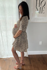 Beige Animal Print Ruffle Sleeve Maternity Dress