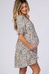 Beige Animal Print Ruffle Sleeve Maternity Dress