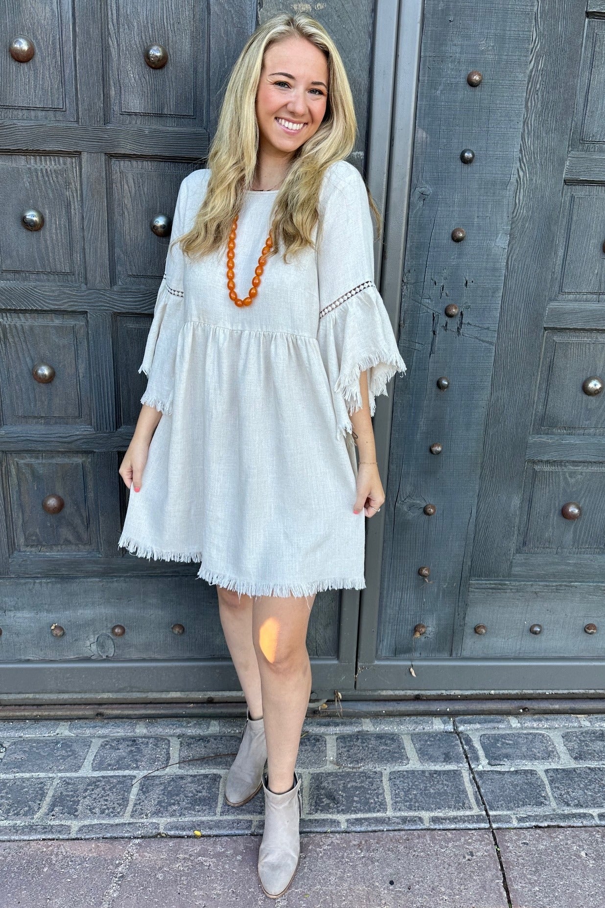Beige Raw Edge Bell Sleeve Babydoll Dress – PinkBlush