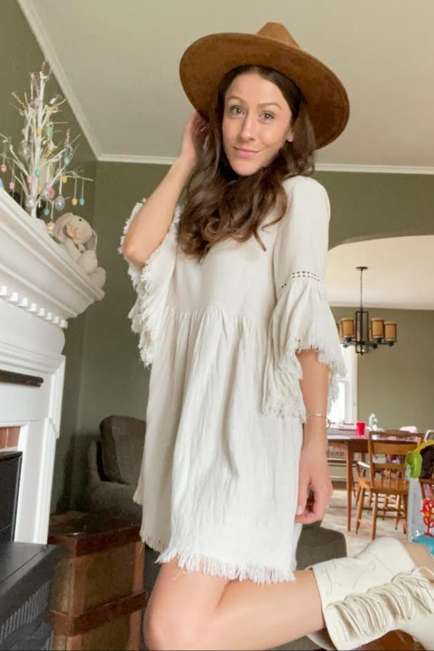 Beige Raw Edge Bell Sleeve Babydoll Dress PinkBlush Beige Raw Edge Bell Sleeve Babydoll Dress PinkBlush