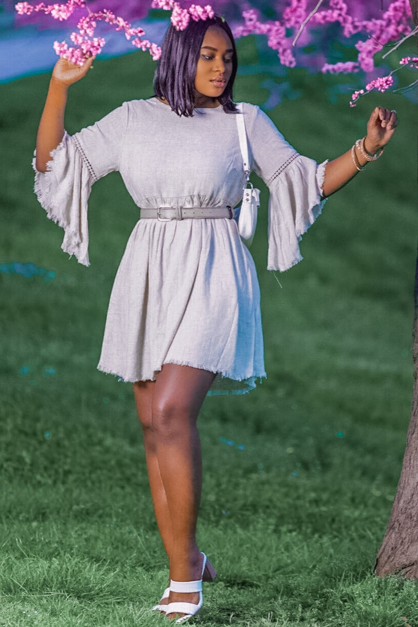 Beige Raw Edge Bell Sleeve Babydoll Dress – PinkBlush