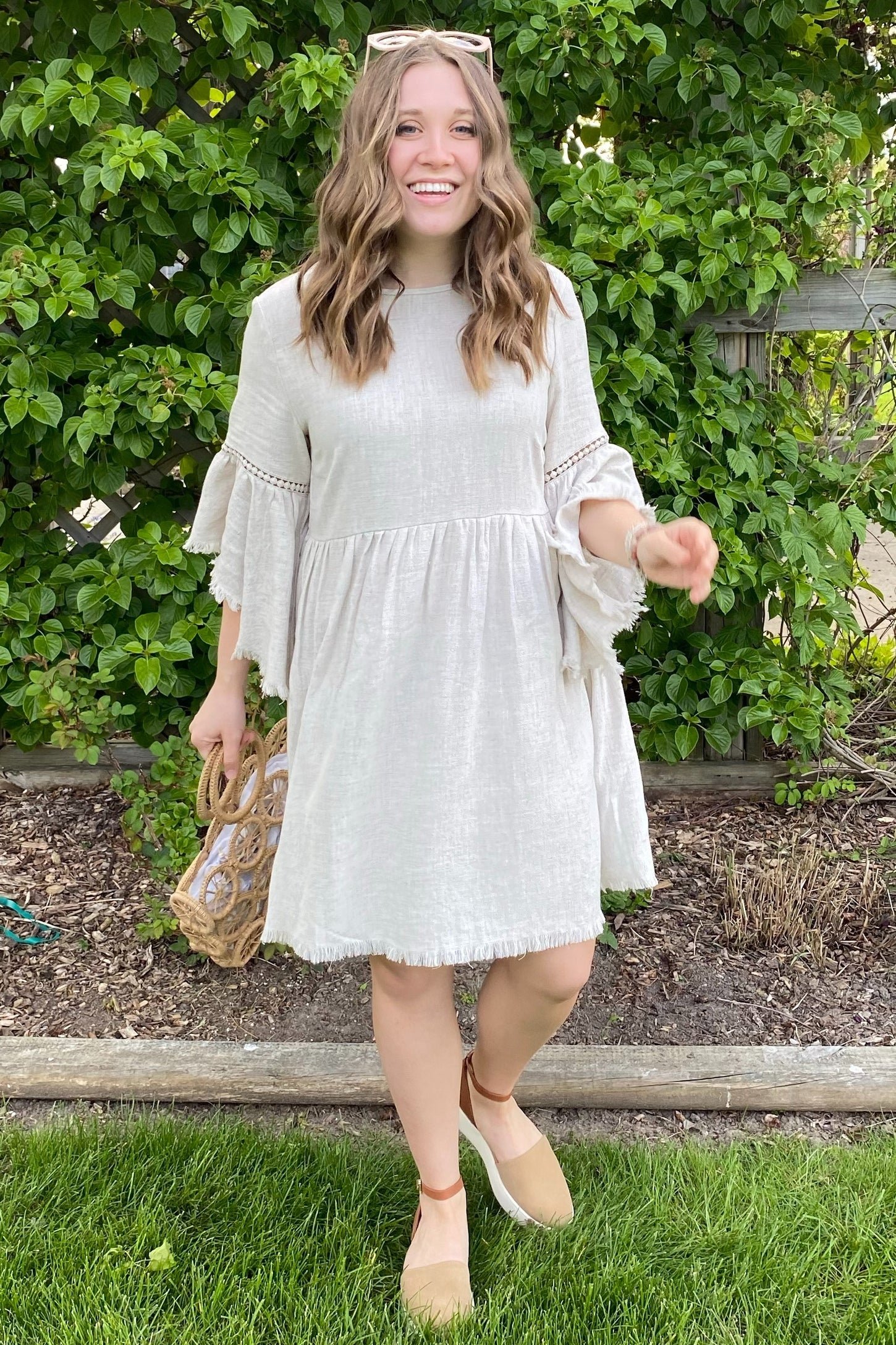 emerald green dress shirt Beige Raw Edge Bell Sleeve Babydoll Dress – PinkBlush