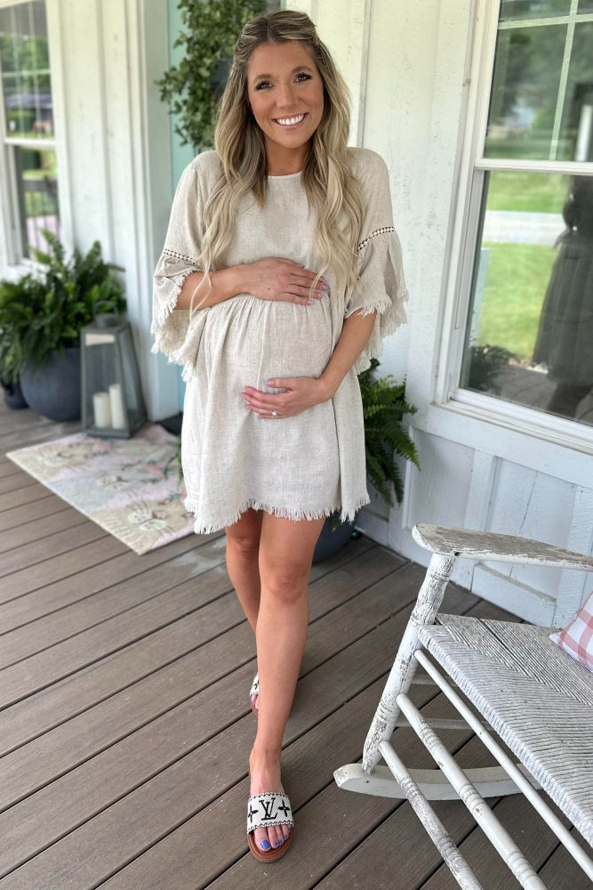 long sleeve babydoll maternity dress PinkBlush Beige Raw Edge Bell Sleeve Babydoll Maternity Dress Small