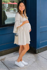 Beige Raw Edge Bell Sleeve Babydoll Maternity Dress