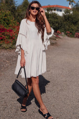 Beige Raw Edge Bell Sleeve Babydoll Dress