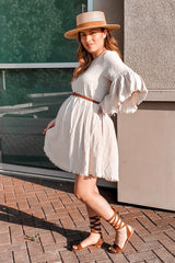 Beige Raw Edge Bell Sleeve Babydoll Maternity Dress