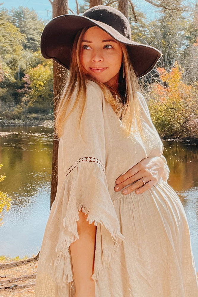 PinkBlush Beige Raw Edge Bell Sleeve Babydoll Maternity Dress PinkBlush Beige Raw Edge Bell Sleeve Babydoll Maternity Dress