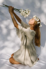 Beige Raw Edge Bell Sleeve Babydoll Dress