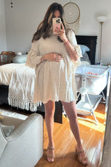 Beige Raw Edge Bell Sleeve Babydoll Maternity Dress