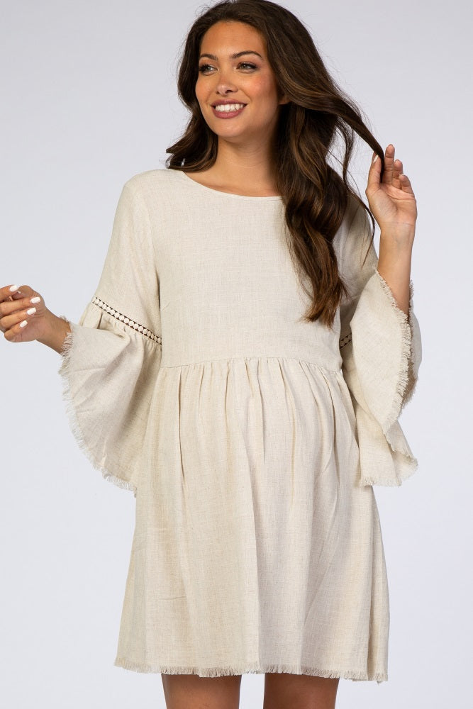 PinkBlush Beige Raw Edge Bell Sleeve Babydoll Maternity Dress PinkBlush Beige Raw Edge Bell Sleeve Babydoll Maternity Dress