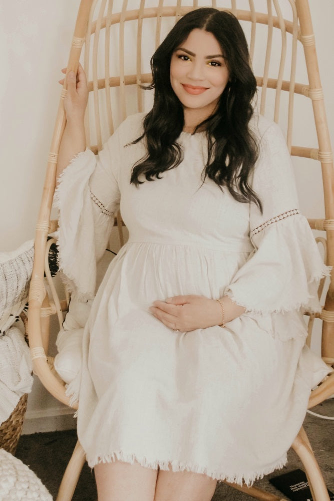 PinkBlush Beige Raw Edge Bell Sleeve Babydoll Maternity Dress Small