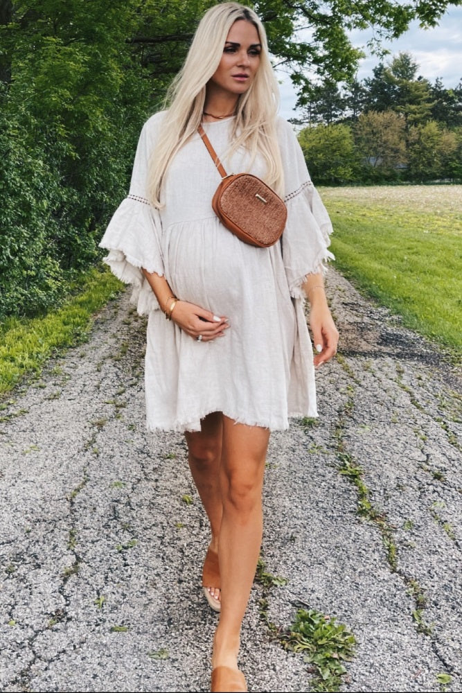Pinkblush Beige Raw Edge Bell Sleeve Babydoll Maternity Dress Pinkblush Beige Raw Edge Bell Sleeve Babydoll Maternity Dress