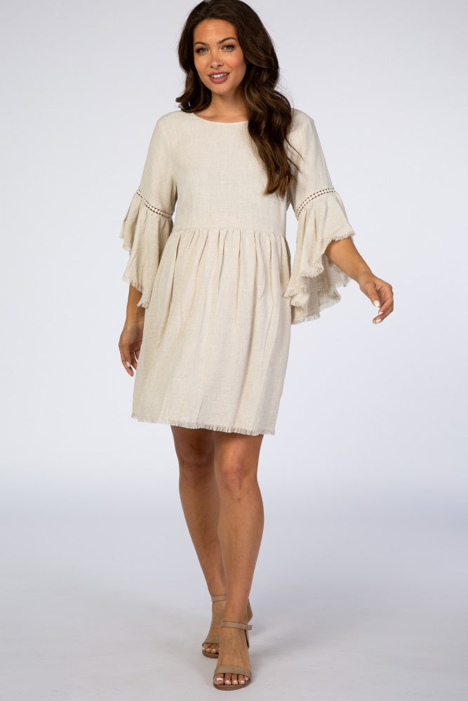 PinkBlush Beige Raw Edge Bell Sleeve Babydoll Maternity Dress PinkBlush Beige Raw Edge Bell Sleeve Babydoll Maternity Dress