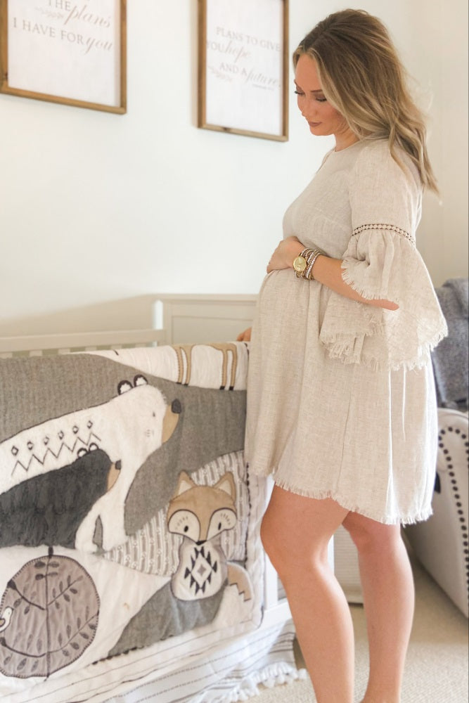 long sleeve babydoll maternity dress PinkBlush Beige Raw Edge Bell Sleeve Babydoll Maternity Dress Small