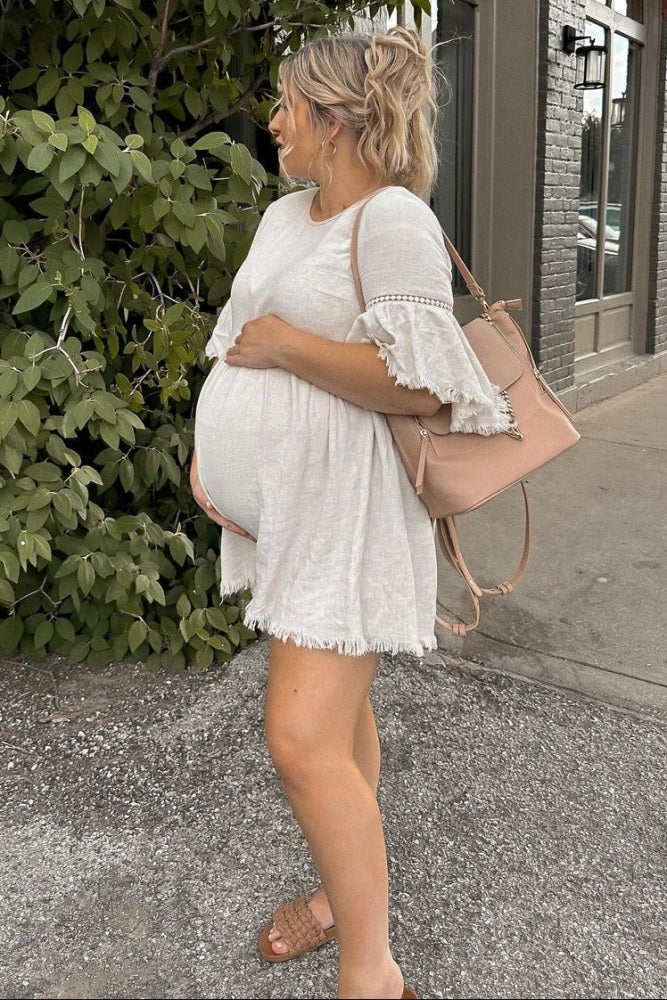 PinkBlush Beige Raw Edge Bell Sleeve Babydoll Maternity Dress PinkBlush Beige Raw Edge Bell Sleeve Babydoll Maternity Dress