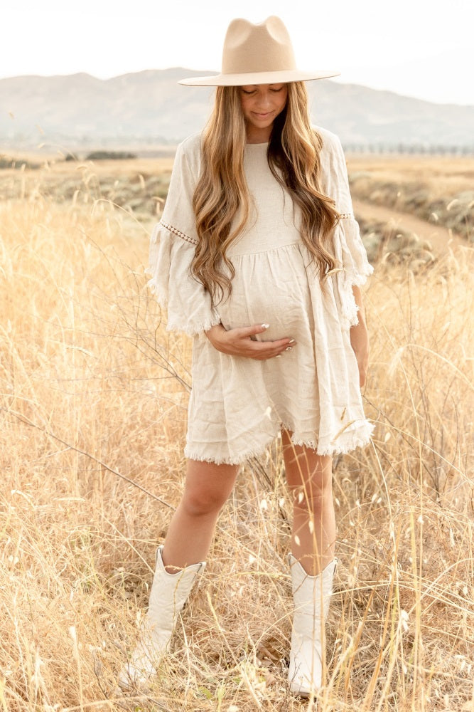 PinkBlush Beige Raw Edge Bell Sleeve Babydoll Maternity Dress PinkBlush Beige Raw Edge Bell Sleeve Babydoll Maternity Dress