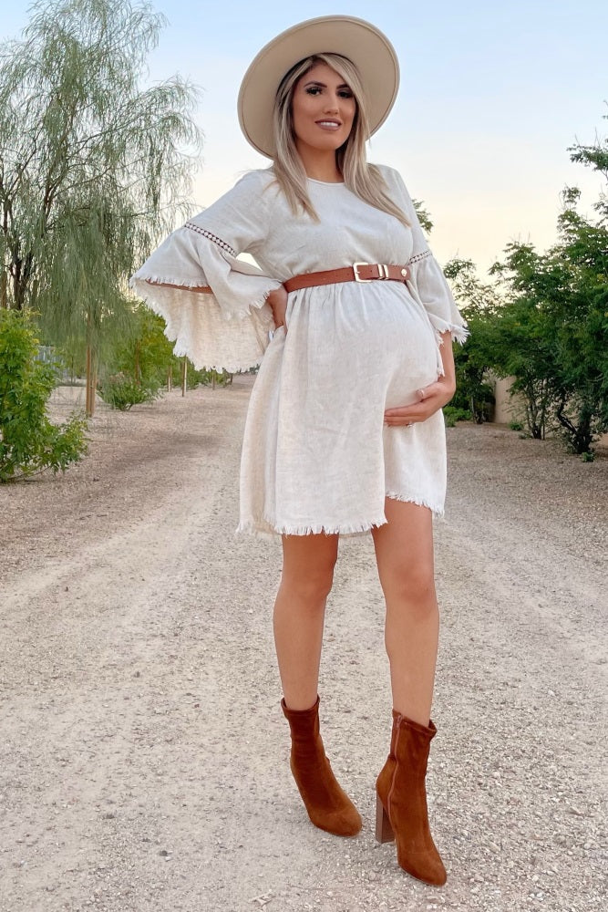 PinkBlush Beige Raw Edge Bell Sleeve Babydoll Maternity Dress PinkBlush Beige Raw Edge Bell Sleeve Babydoll Maternity Dress
