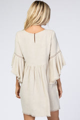 Beige Raw Edge Bell Sleeve Babydoll Dress