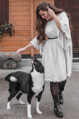 Beige Raw Edge Bell Sleeve Babydoll Dress