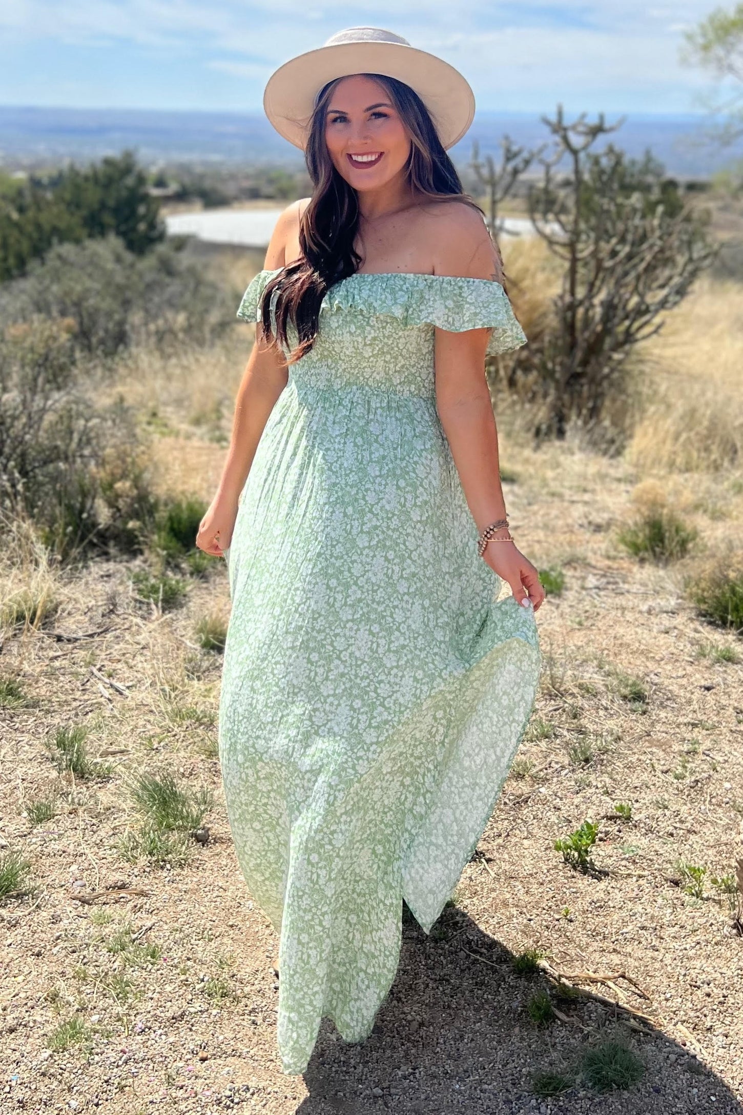 Green Floral Ruffle Off Shoulder Maxi Dress – PinkBlush