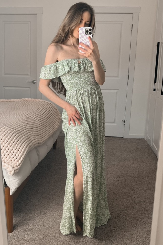 Green Floral Ruffle Off Shoulder Maxi Dress Green Floral Ruffle Off Shoulder Maxi Dress