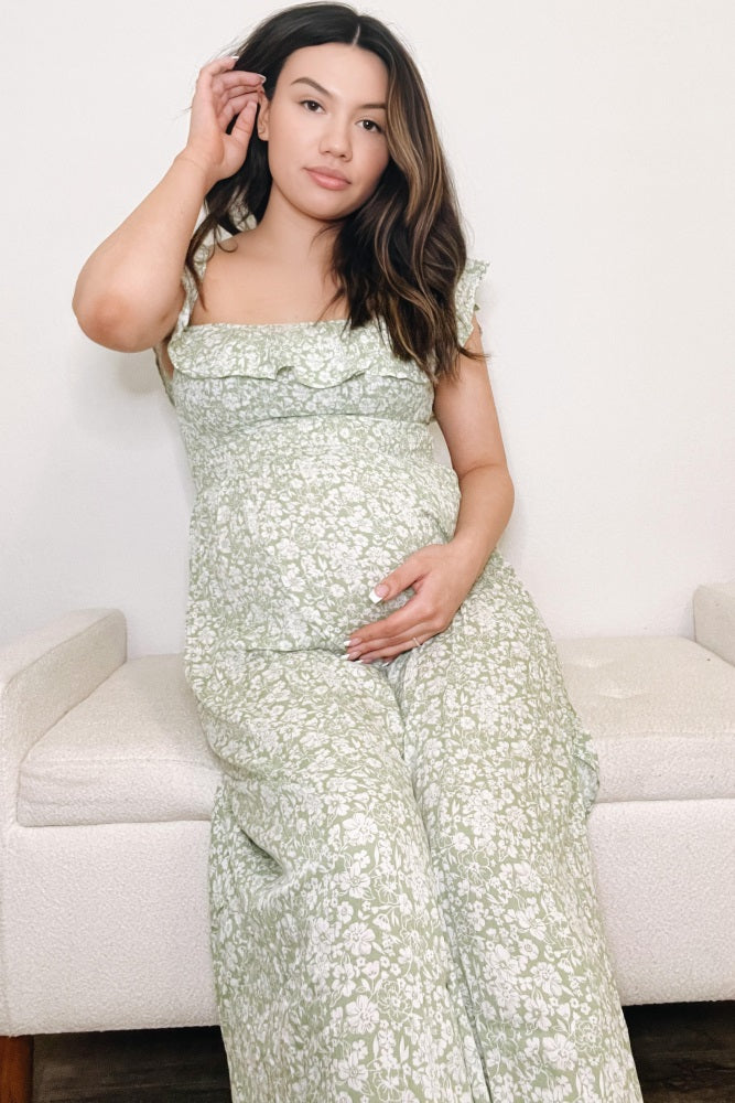 PinkBlush Green Floral Ruffle Off Shoulder Maternity Maxi Dress Small PinkBlush Green Floral Ruffle Off Shoulder Maternity Maxi Dress Small