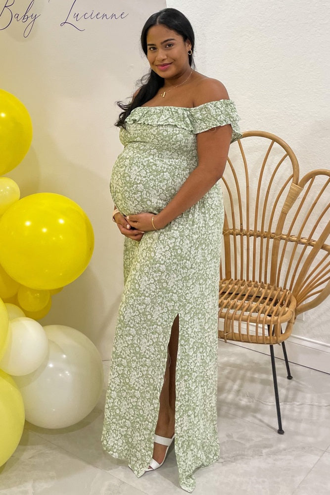 PinkBlush Green Floral Ruffle Off Shoulder Maternity Maxi Dress Small