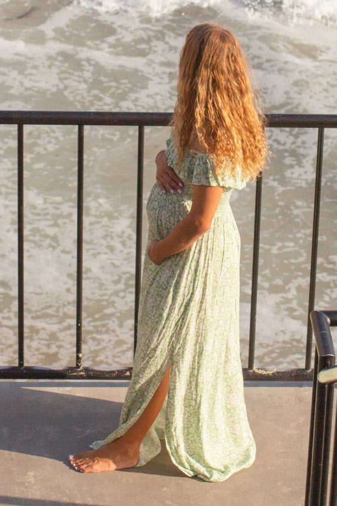 PinkBlush Green Floral Ruffle Off Shoulder Maternity Maxi Dress Small PinkBlush Green Floral Ruffle Off Shoulder Maternity Maxi Dress Small