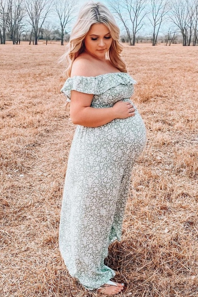 Green Floral Ruffle Off Shoulder Maternity Maxi Dress