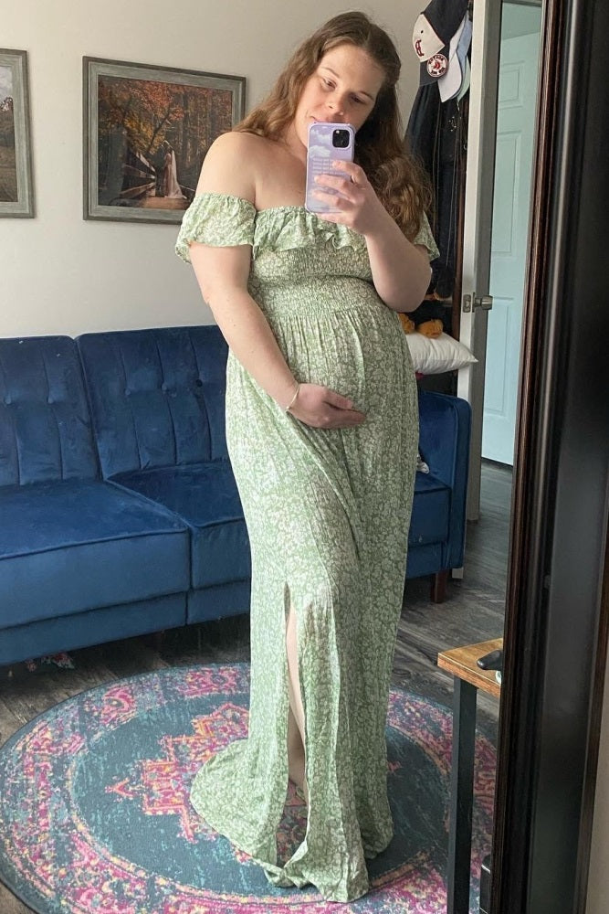 PinkBlush Green Floral Ruffle Off Shoulder Maternity Maxi Dress Small