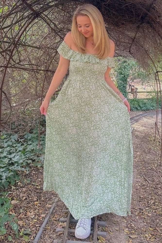 Green Floral Ruffle Off Shoulder Maxi Dress Green Floral Ruffle Off Shoulder Maxi Dress